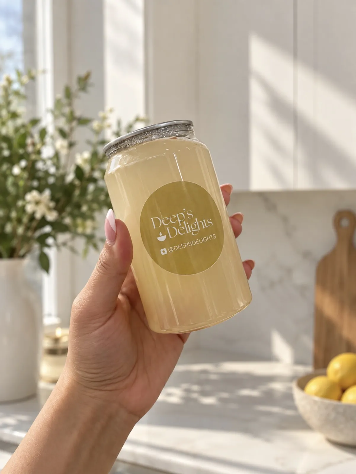A hand holding a Deep's Delights canned Lychee Lemonade mocktail, a 12 oz clear can for catering orders in Calgary