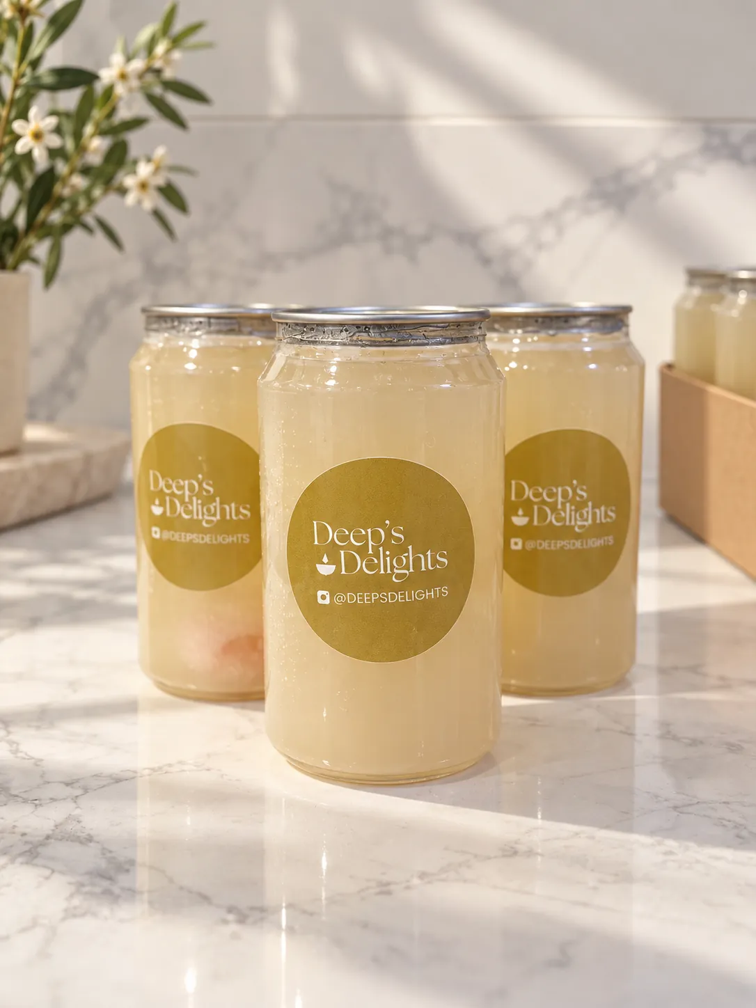 Three 12 oz canned Lychee Lemonade mocktails from Deep's Delights on a marble counter, ready for delivery catering in Calgary