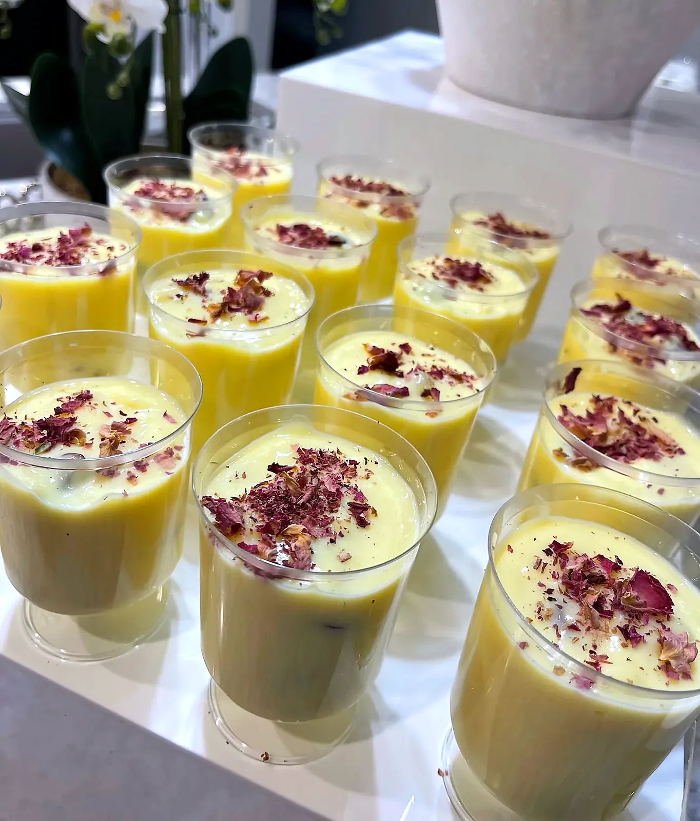 Custard cups topped with rose petals beside white orchids