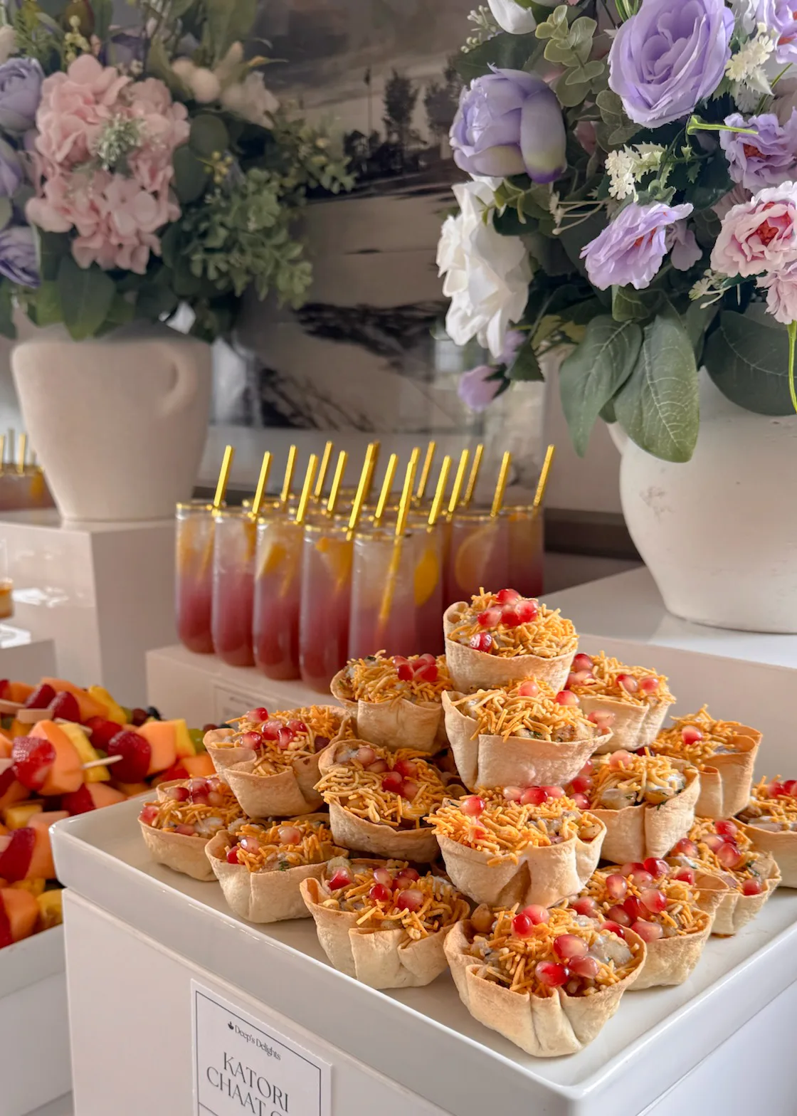Katori chaat cups with mocktails at a Calgary Indian-fusion catering event by Deep's Delights