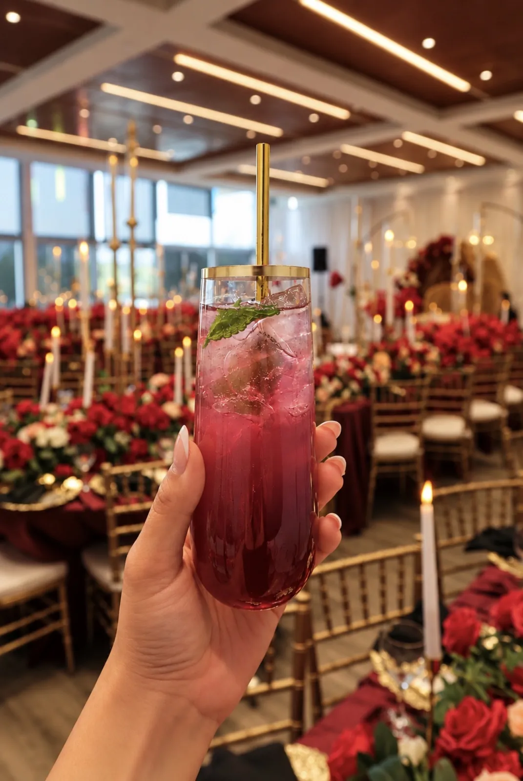 A Deep's Delights mocktail garnished with fresh mint, held up at a wedding reception with red floral centrepieces